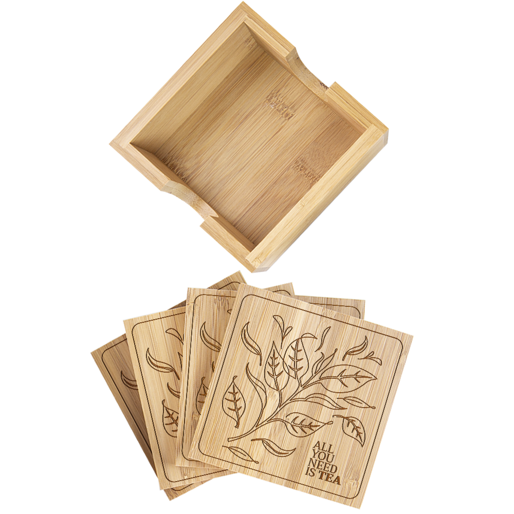 Wood Square 4 Piece Coaster Set With Holder